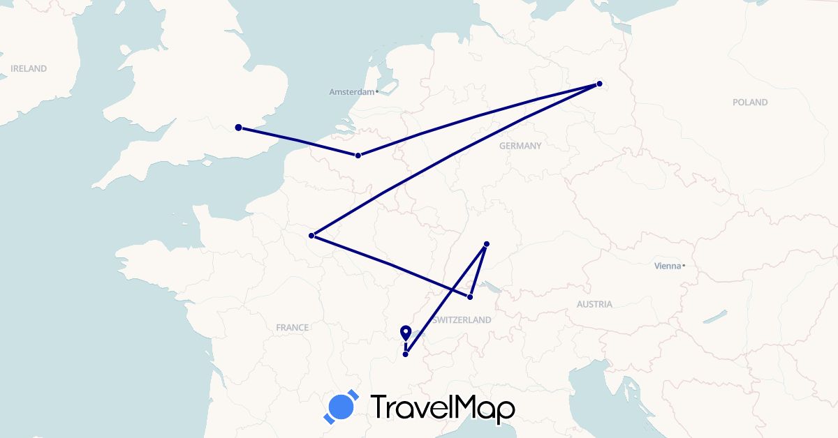 TravelMap itinerary: driving in Belgium, Switzerland, Germany, France, United Kingdom (Europe)
